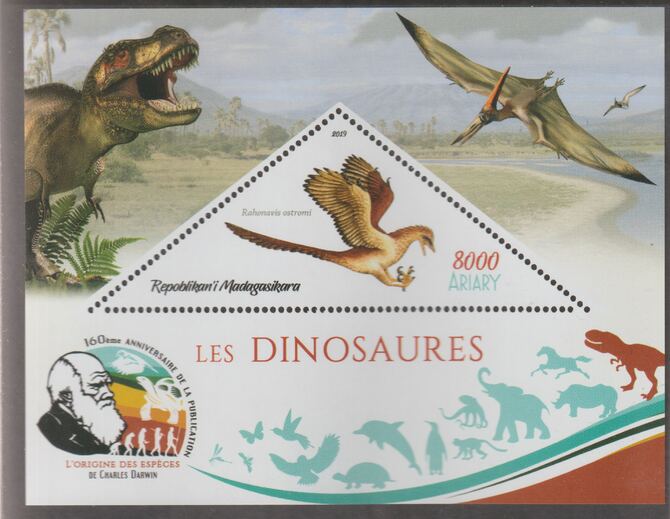 Madagascar 2019 Darwin 160th Anniversary of Publication of The Origin of Species - Dinosaurs #4 perf deluxe sheet containing one triangular value unmounted mint, stamps on , stamps on  stamps on triangular, stamps on  stamps on shaped, stamps on  stamps on darwin, stamps on  stamps on reptiles, stamps on  stamps on dinosaurs