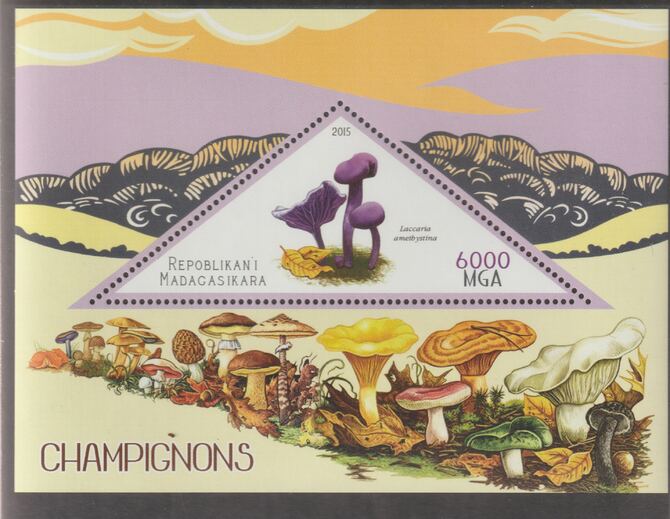 Madagascar 2015 Mushrooms #2 perf deluxe sheet containing one triangular value unmounted mint, stamps on , stamps on  stamps on triangular, stamps on  stamps on shaped, stamps on  stamps on fungi