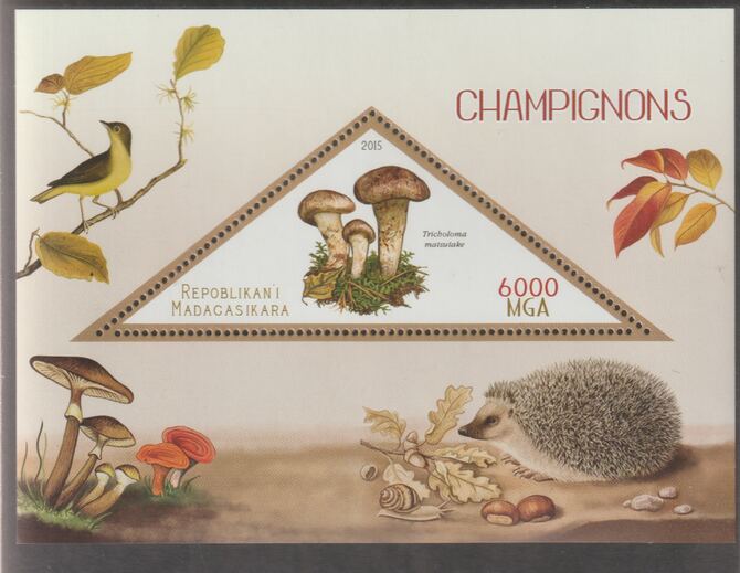 Madagascar 2015 Mushrooms #3 perf deluxe sheet containing one triangular value unmounted mint, stamps on triangular, stamps on shaped, stamps on fungi