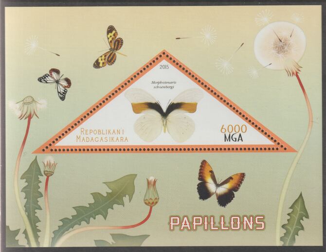 Madagascar 2015 Butterflies #1 perf deluxe sheet containing one triangular value unmounted mint, stamps on , stamps on  stamps on triangular, stamps on  stamps on shaped, stamps on  stamps on butterflies, stamps on  stamps on insects