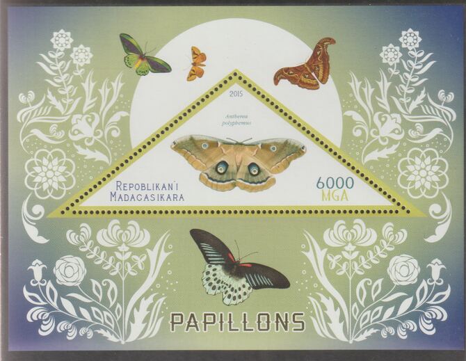 Madagascar 2015 Butterflies #2 perf deluxe sheet containing one triangular value unmounted mint, stamps on , stamps on  stamps on triangular, stamps on  stamps on shaped, stamps on  stamps on butterflies, stamps on  stamps on insects