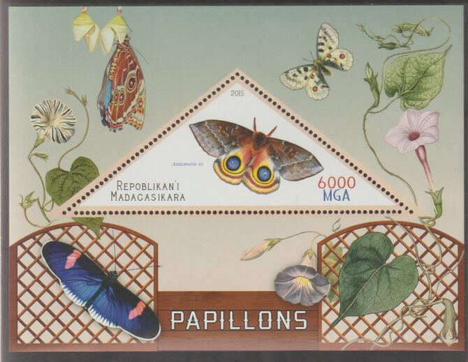 Madagascar 2015 Butterflies #3 perf deluxe sheet containing one triangular value unmounted mint, stamps on , stamps on  stamps on triangular, stamps on  stamps on shaped, stamps on  stamps on butterflies, stamps on  stamps on insects