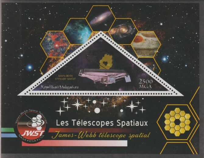 Madagascar 2018 Space Telescopes #1 perf deluxe sheet containing one triangular value unmounted mint, stamps on triangular, stamps on shaped, stamps on telescopes, stamps on space