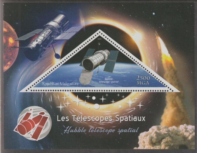 Madagascar 2018 Space Telescopes #2 perf deluxe sheet containing one triangular value unmounted mint, stamps on , stamps on  stamps on triangular, stamps on  stamps on shaped, stamps on  stamps on telescopes, stamps on  stamps on space