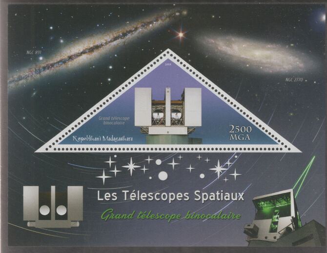 Madagascar 2018 Space Telescopes #3 perf deluxe sheet containing one triangular value unmounted mint, stamps on , stamps on  stamps on triangular, stamps on  stamps on shaped, stamps on  stamps on telescopes, stamps on  stamps on space