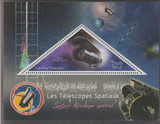 Madagascar 2018 Space Telescopes #5 perf deluxe sheet containing one triangular value unmounted mint, stamps on triangular, stamps on shaped, stamps on telescopes, stamps on space