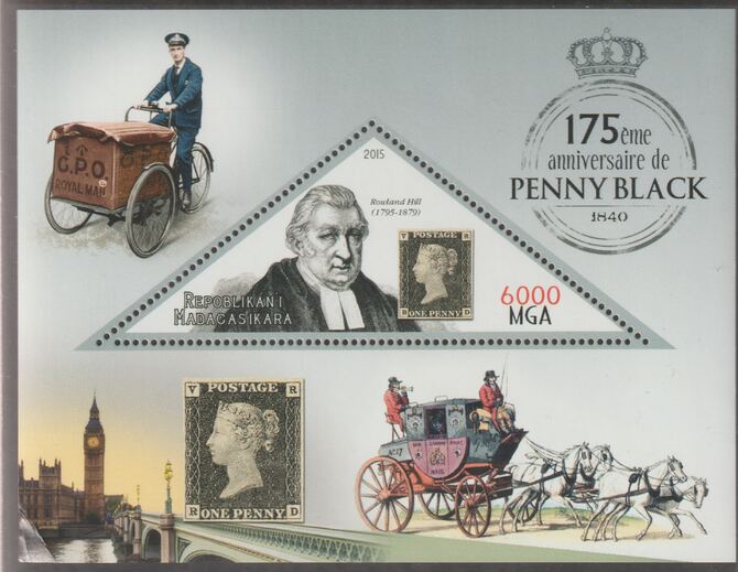 Madagascar 2015 175th Anniversary of the Penny Black perf deluxe sheet containing one triangular value unmounted mint, stamps on triangular, stamps on shaped, stamps on stamp on stamp.penny black, stamps on coaches, stamps on horses, stamps on postman