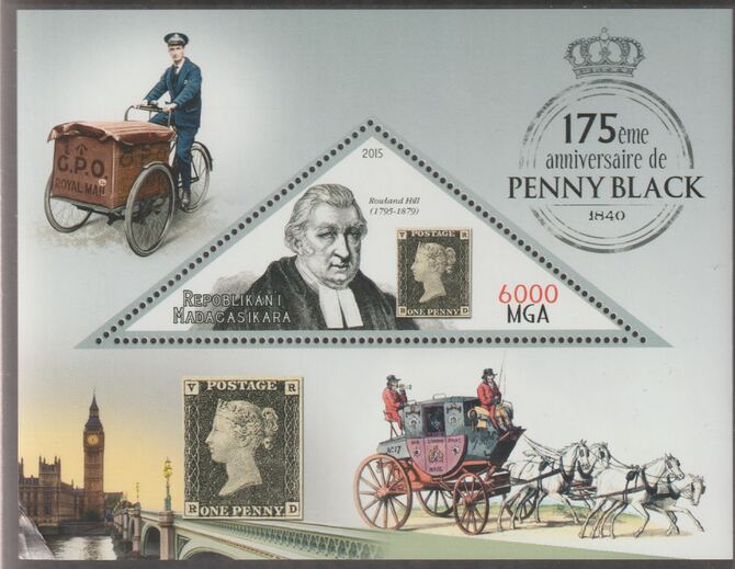 Madagascar 2015 175th Anniversary of the Penny Black perf deluxe sheet containing one triangular value unmounted mint, stamps on , stamps on  stamps on triangular, stamps on  stamps on shaped, stamps on  stamps on stamp on stamp.penny black, stamps on  stamps on coaches, stamps on  stamps on horses, stamps on  stamps on postman