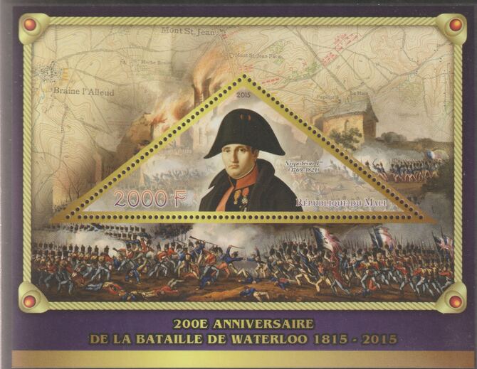 Mali 2015 200th Anniversary of the Battle of Waterloo perf deluxe sheet containing one triangular value unmounted mint, stamps on , stamps on  stamps on triangular, stamps on  stamps on shaped, stamps on  stamps on napoleon, stamps on  stamps on battles, stamps on  stamps on militaria, stamps on  stamps on maps