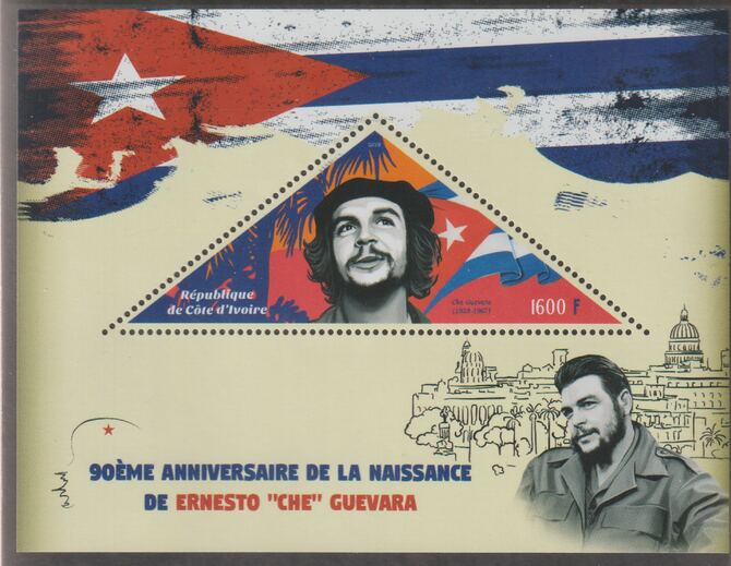 Ivory Coast 2018 90th Birth Anniversary of Che Guevara perf deluxe sheet containing one triangular value unmounted mint, stamps on triangular, stamps on shaped, stamps on personalities, stamps on constitutions.revolutionary