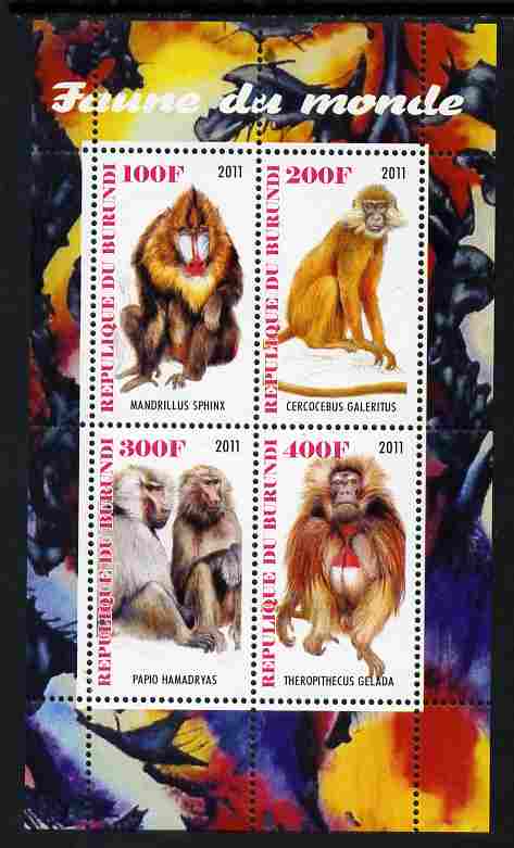 Burundi 2011 Fauna of the World - Monkeys perf sheetlet containing 4 values unmounted mint, stamps on , stamps on  stamps on animals, stamps on  stamps on apes, stamps on  stamps on monkeys