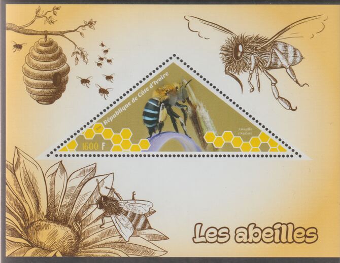 Ivory Coast 2018 Bees perf deluxe sheet containing one triangular value unmounted mint, stamps on , stamps on  stamps on triangular, stamps on  stamps on shaped, stamps on  stamps on insects, stamps on  stamps on bees