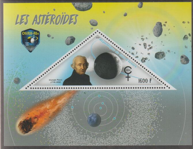 Ivory Coast 2018 Guiseppe Piazzi - Asteroides perf deluxe sheet containing one triangular value unmounted mint, stamps on triangular, stamps on shaped, stamps on personalities, stamps on space, stamps on mathematics