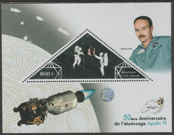 Ivory Coast 2019 50th Anniversary of Apollo 11 - Michael Collins perf deluxe sheet containing one triangular value unmounted mint, stamps on , stamps on  stamps on space, stamps on  stamps on apollo, stamps on  stamps on man on moon, stamps on  stamps on collins