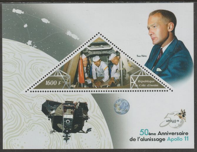 Ivory Coast 2019 50th Anniversary of Apollo 11 - Buzz Aldrin perf deluxe sheet containing one triangular value unmounted mint, stamps on space, stamps on apollo, stamps on man on moon, stamps on aldrin