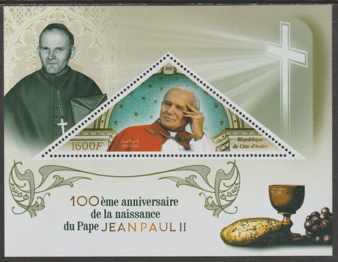 Ivory Coast 2020 Birth Centenary of Pope John Paul II #1 perf deluxe sheet containing one triangular value unmounted mint, stamps on , stamps on  stamps on personalities, stamps on  stamps on pope, stamps on  stamps on john paul, stamps on  stamps on religion