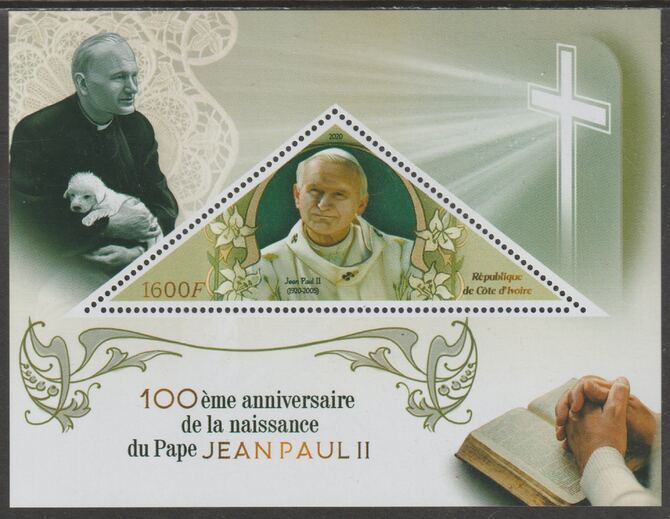 Ivory Coast 2020 Birth Centenary of Pope John Paul II #3 perf deluxe sheet containing one triangular value unmounted mint, stamps on personalities, stamps on pope, stamps on john paul, stamps on religion