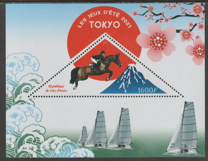 Ivory Coast 2020 Tokyo Summer Olympic Games - Show Jumping & Sailing perf deluxe sheet containing one triangular value unmounted mint, stamps on olympics, stamps on show jumping, stamps on sailing