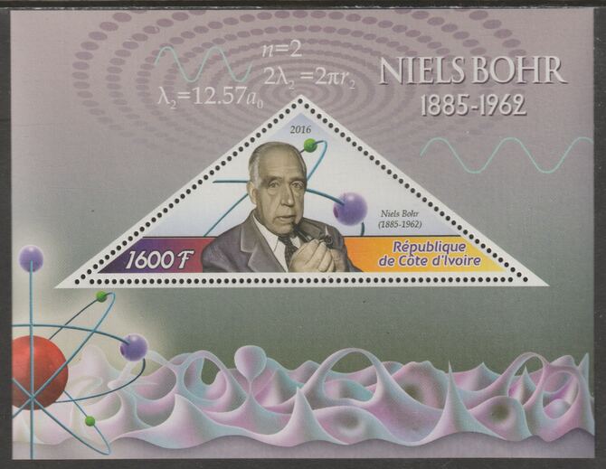 Ivory Coast 2016  Niels Bohr perf deluxe sheet containing one triangular value unmounted mint, stamps on , stamps on  stamps on triangular, stamps on  stamps on shaped, stamps on  stamps on personalities, stamps on  stamps on physics, stamps on  stamps on science