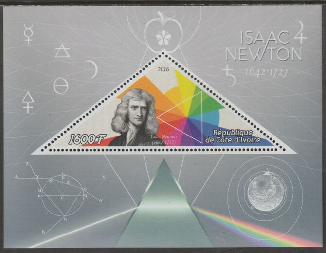 Ivory Coast 2016  Isaac Newton perf deluxe sheet containing one triangular value unmounted mint, stamps on triangular, stamps on shaped, stamps on personalities, stamps on physics, stamps on science.mathematics