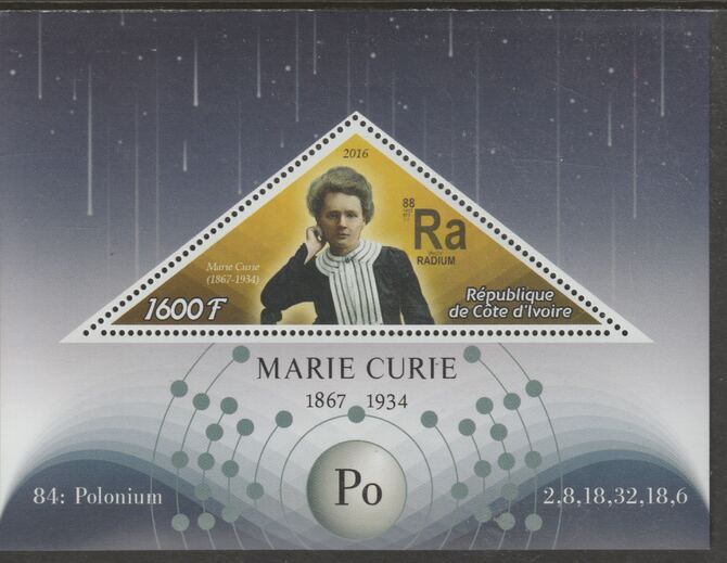 Ivory Coast 2016  Marie Curie perf deluxe sheet containing one triangular value unmounted mint, stamps on , stamps on  stamps on triangular, stamps on  stamps on shaped, stamps on  stamps on personalities, stamps on  stamps on physics, stamps on  stamps on science.chemistry, stamps on  stamps on radioactivity