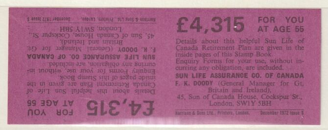 Great Britain 1972 Sun Life Assurance booklet back cover proof pair on mauve card in uncut tete-beche format, , stamps on xxx