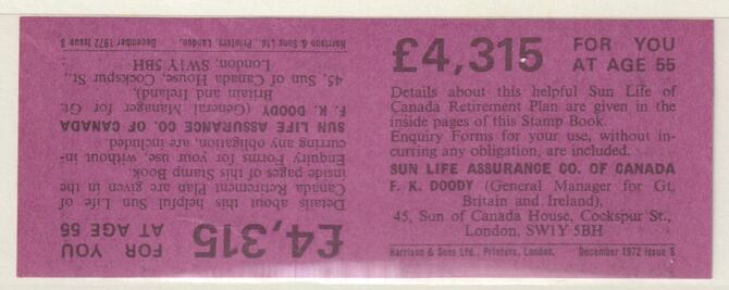 Great Britain 1972 Sun Life Assurance booklet back cover proof pair on mauve card in uncut tete-beche format, , stamps on , stamps on  stamps on 