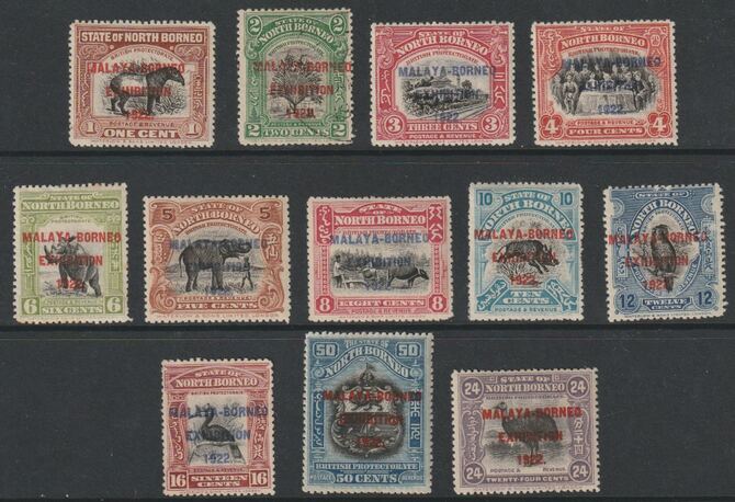 North Borneo 1922 Malaya-Borneo Exhibition seln of 12 values, 2c is used, 16c without gum, the rest are mint stc Â£250, stamps on 