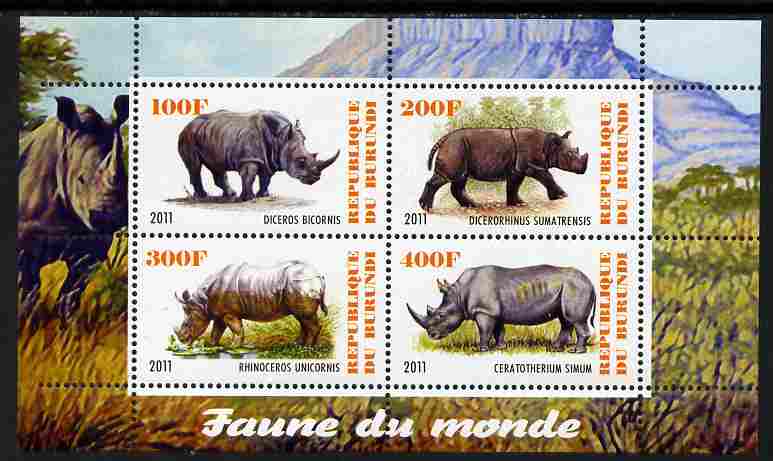 Burundi 2011 Fauna of the World - Rhinoceros perf sheetlet containing 4 values unmounted mint, stamps on , stamps on  stamps on animals, stamps on  stamps on rhinos, stamps on  stamps on rhinoceros