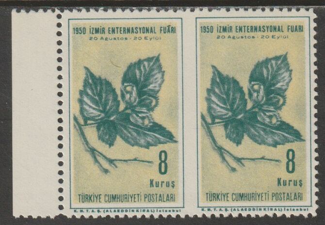 Turkey 1950 International Fair 8k Hazel Nut unmounted mint horiz pair imperf between, stamps on , stamps on  stamps on trees