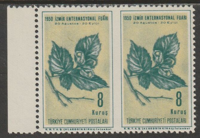 Turkey 1950 International Fair 8k Hazel Nut unmounted mint horiz pair imperf between, stamps on , stamps on  stamps on trees