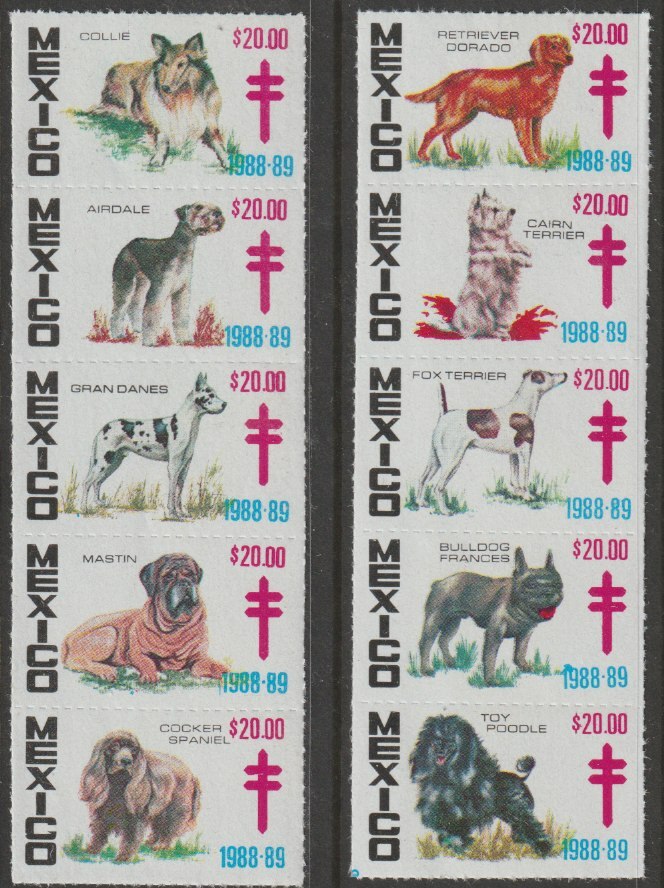 Cinderella - Mexico 1988-89 Anti TB label perf strip of 10 depicting Dogs, unmounted mint, stamps on , stamps on  stamps on dogs, stamps on  stamps on  tb , stamps on  stamps on 