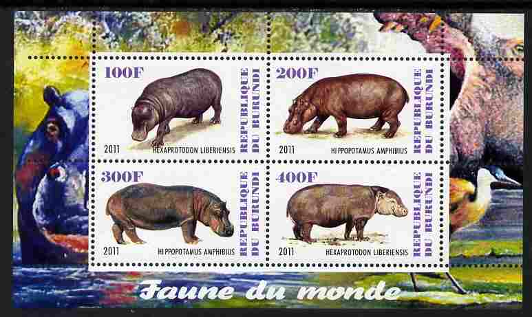 Burundi 2011 Fauna of the World - Hippos perf sheetlet containing 4 values unmounted mint, stamps on animals, stamps on hippos