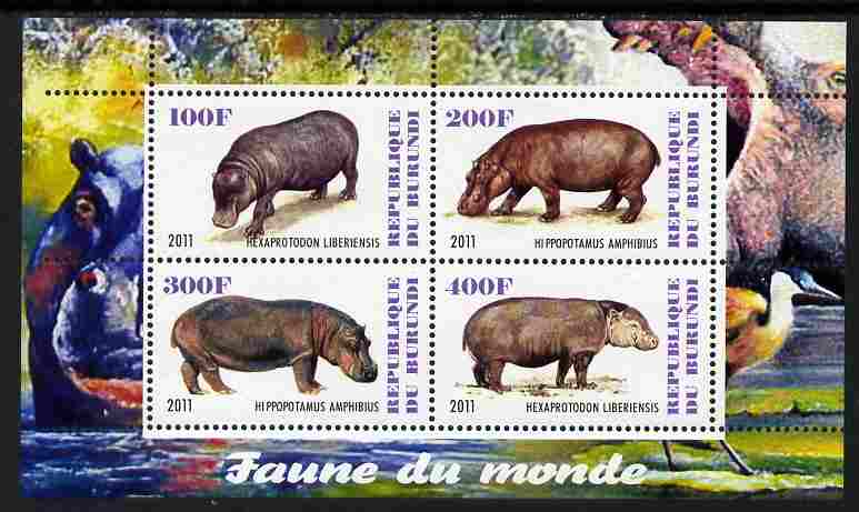 Burundi 2011 Fauna of the World - Hippos perf sheetlet containing 4 values unmounted mint, stamps on , stamps on  stamps on animals, stamps on  stamps on hippos