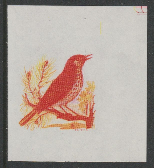 Calf of Man 1973 Birds - Thrush 15m imperf proof in magenta & yellow only on gummed paper, unmounted mint as Rosen CA259, stamps on birds, stamps on thrush