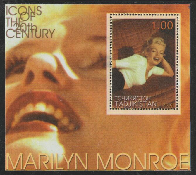 Tadjikistan 2001 Marilyn Monroe perf m/sheet unmounted mint, stamps on , stamps on  stamps on personalities, stamps on  stamps on marilyn, stamps on  stamps on movies, stamps on  stamps on cinema, stamps on  stamps on films