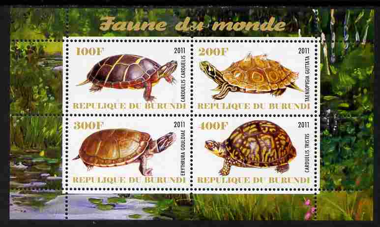 Burundi 2011 Fauna of the World - Turtles perf sheetlet containing 4 values unmounted mint, stamps on , stamps on  stamps on animals, stamps on  stamps on turtles