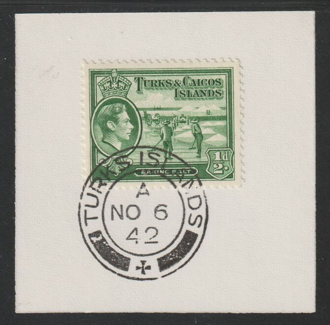 Turks & Caicos Islands 1938 KG6 Raking Salt 1/2d green  SG 195 on piece with full strike of Madame Joseph forged postmark type 427, stamps on , stamps on  stamps on salt, stamps on  stamps on herbs, stamps on  stamps on spices, stamps on  stamps on food, stamps on  stamps on , stamps on  stamps on  kg6 , stamps on  stamps on , stamps on  stamps on minerals