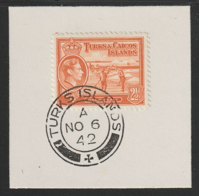 Turks & Caicos Islands 1938 KG6 Raking Salt 2.5d orange  SG 199 on piece with full strike of Madame Joseph forged postmark type 427, stamps on salt, stamps on herbs, stamps on spices, stamps on food, stamps on , stamps on  kg6 , stamps on , stamps on minerals