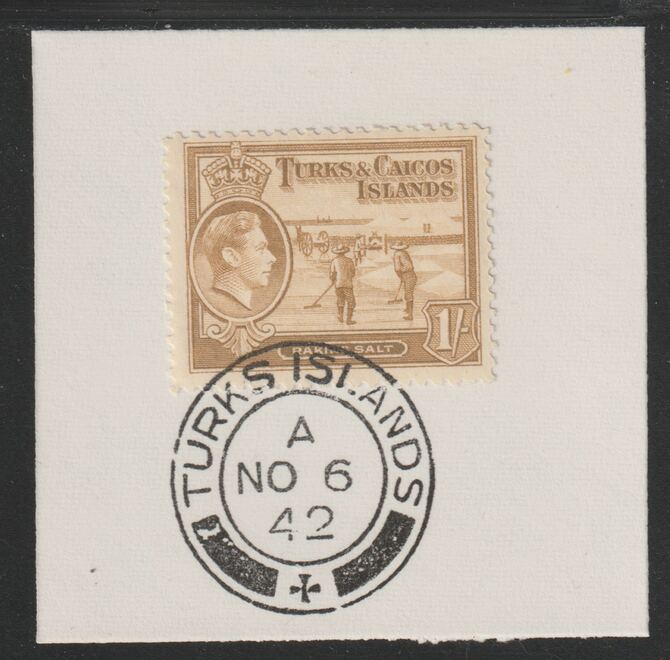 Turks & Caicos Islands 1938 KG6 Raking Salt 1s yellow-bistre  SG 202 on piece with full strike of Madame Joseph forged postmark type 427, stamps on salt, stamps on herbs, stamps on spices, stamps on food, stamps on , stamps on  kg6 , stamps on , stamps on minerals