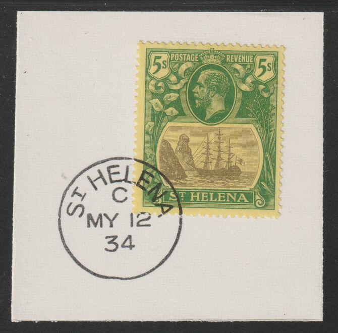 St Helena 1922-37 KG5 Badge Issue 5s on piece with full strike of Madame Joseph forged postmark type 340, stamps on kg5 , stamps on ships, stamps on 