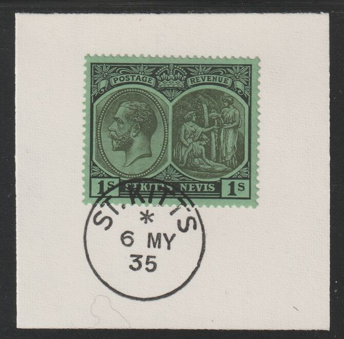 St Kitts-Nevis 1920-22 KG5 Medicinal Spring 1s black on green SG46b on piece with full strike of Madame Joseph forged postmark type 348, stamps on , stamps on  kg5 , stamps on 