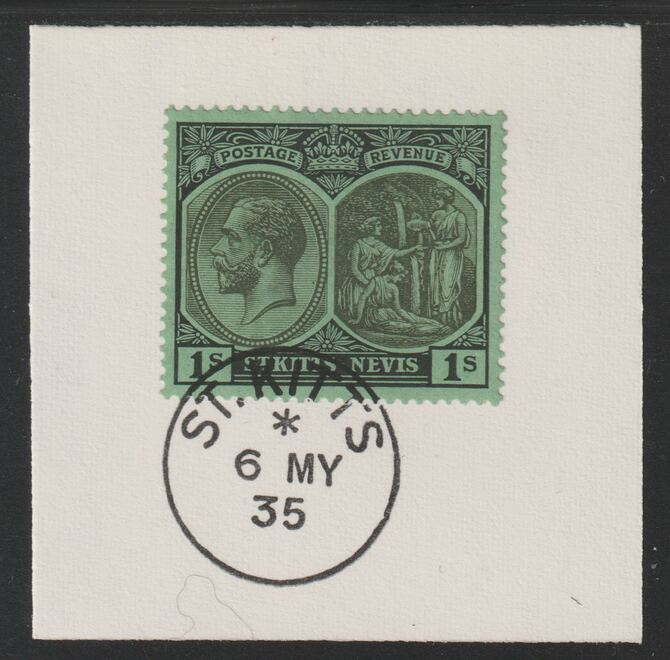 St Kitts-Nevis 1920-22 KG5 Medicinal Spring 1s black on green SG46b on piece with full strike of Madame Joseph forged postmark type 348, stamps on , stamps on  stamps on , stamps on  stamps on  kg5 , stamps on  stamps on 