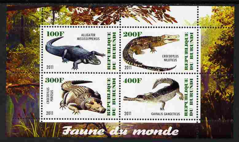 Burundi 2011 Fauna of the World - Crocodles perf sheetlet containing 4 values unmounted mint, stamps on animals, stamps on reptiles, stamps on crocodiles