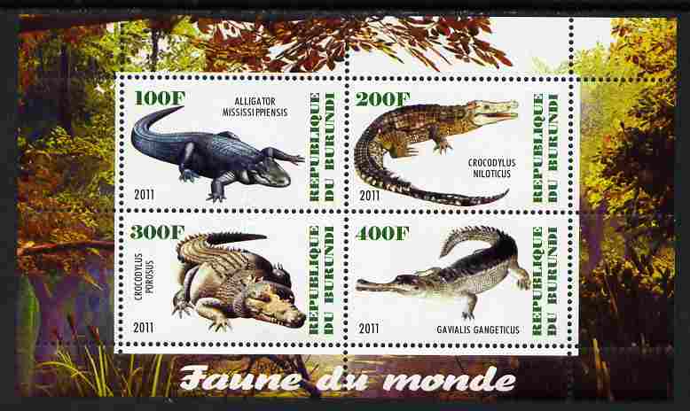 Burundi 2011 Fauna of the World - Crocodles perf sheetlet containing 4 values unmounted mint, stamps on , stamps on  stamps on animals, stamps on  stamps on reptiles, stamps on  stamps on crocodiles