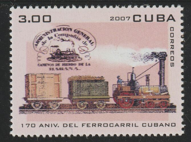 Cuba 2007 170th Anniversary of Railways 3p value unmounted mint SG 5136, stamps on railways