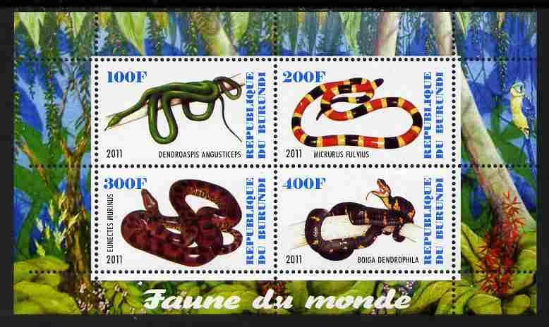 Burundi 2011 Fauna of the World - Reptiles - Snakes #3 perf sheetlet containing 4 values unmounted mint, stamps on , stamps on  stamps on animals, stamps on  stamps on reptiles, stamps on  stamps on snakes