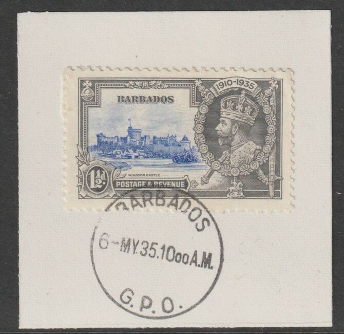 Barbados 1935 Silver Jubilee 1.5d on piece with full strike of Madame Joseph forged postmark type 46, stamps on , stamps on  kg5 , stamps on forgery, stamps on madame joseph, stamps on silver jubilee