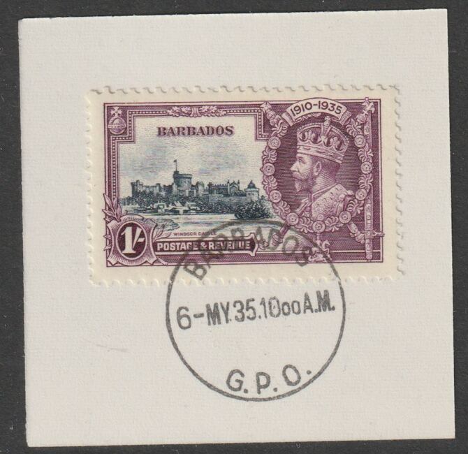 Barbados 1935 Silver Jubilee 1s on piece with full strike of Madame Joseph forged postmark type 46, stamps on , stamps on  kg5 , stamps on forgery, stamps on madame joseph, stamps on silver jubilee