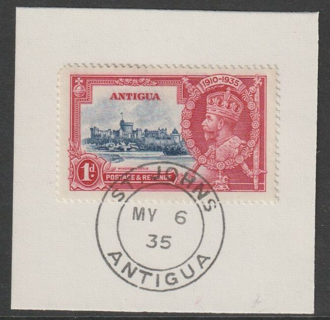 Antigua 1935 KG5 Silver Jubilee 1d on piece with full strike of Madame Joseph forged postmark type 16, stamps on , stamps on  kg5 , stamps on forgery, stamps on madame joseph, stamps on silver jubilee